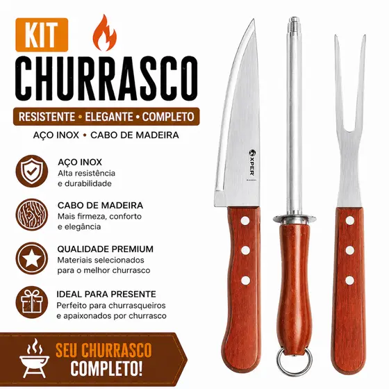 Kit Churrasco Resistente Qualidade Elegante Aco Inox Cabo Madeira