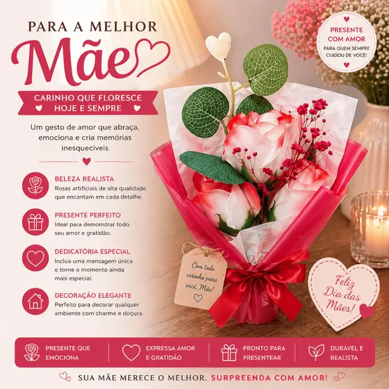 Flores Buque Artificial Rosa Vermelha 24cm Arranjo Decorativo Realista Natal Casamento