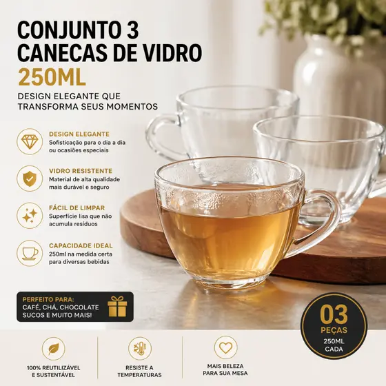 Conjunto 3 Canecas Vidro 250ml Design Elegante Resistente Facil Limpar