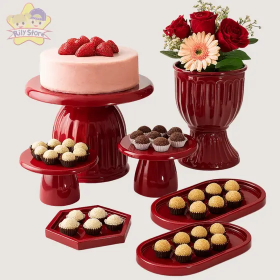 Kit Mesa Festa Boleira Romana Slim 17cm, 1 Vaso Romano, 2 Mini Slim + 2 Bandeja Oval, 1 Sextavadinha
