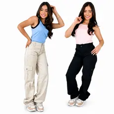 Calça Wide Leg Cargo Bege Brim juvenil feminina menina