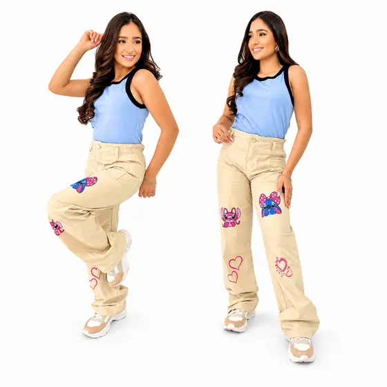 Calça Wide leg bege (brim) Stitch juvenil