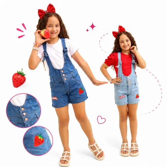 Jardineira Jeans Infantil Cherry macacão bordado  - Estilo, Conforto e Diversão