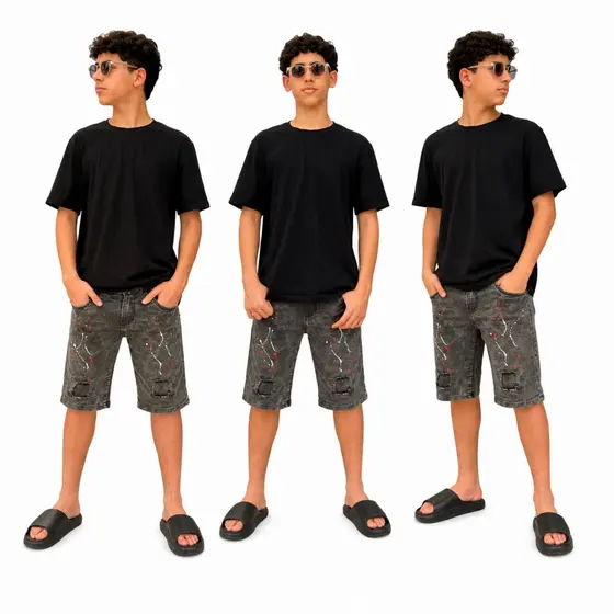 Bermuda Jeans Masculina juvenil Infantil Estonada com Detalhes Destroyed e Respingo
