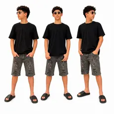 Bermuda Jeans Masculina juvenil  Infantil Estonada com Detalhes Destroyed e Respingo