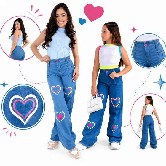 Calça Wide leg coração Slim jeans infantil juvenil