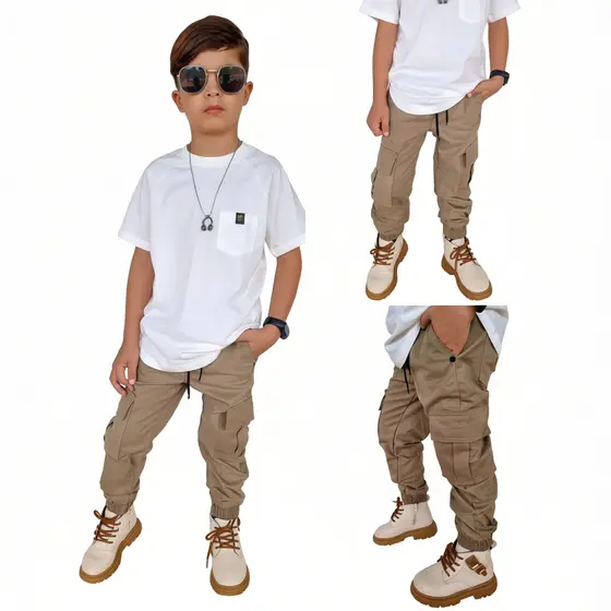 Calça colorida Cargo Jogger Infantil Masculina com Bolsos Funcionais Moda Juvenil Confortável