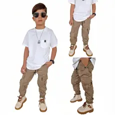 Calça colorida Cargo Jogger Infantil Masculina com Bolsos Funcionais Moda Juvenil Confortável