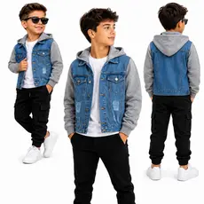 Jaqueta Jeans com moletom meninio Infantil Juvenil Masculina com Capuz Moletom Casual Moderna