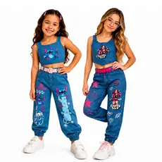 Conjunto Jeans Infantil Feminino menina Cropped Calça Jogger Estampada Moda Blogueirinha 2 ao 8