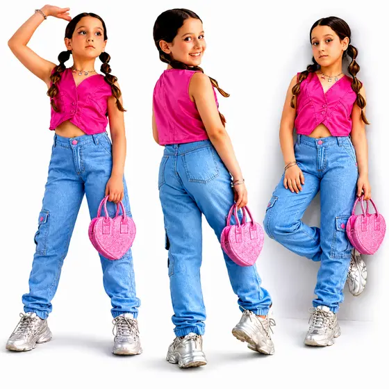 Calça Jeans Cargo Infantil juvenil Feminina com Bolsos Estilosa Moda Blogueirinha