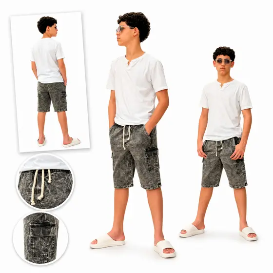 Bermuda Jeans Cargo Masculina Infantil Estilo Lavagem Estonada grafite