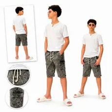Bermuda Jeans Cargo Masculina Infantil Estilo Lavagem Estonada grafite