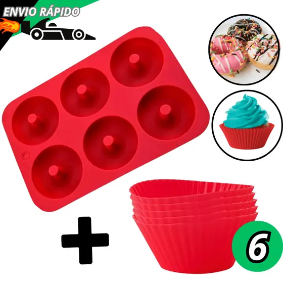 Kit Forma Para Donuts E 6 Forminhas Cupcake Jogo de Silicone Para Muffins Rosquinhas Para Air Fryer