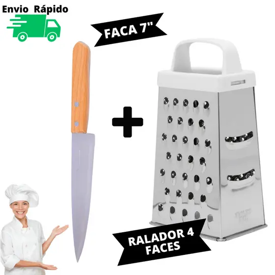 Kit Faca 7" Com Ralador De Aço Inox 22 cm De 4 Faces De Corte Para Ralar Fatiar Alimentos Legumes Cabo Plástico Fatiador De Qualidade Resistente Faca De Cozinha Em Aço Inox Do Chef Profissional Com Cabo De Madeira SQ Para Cortes de Carnes Peixes