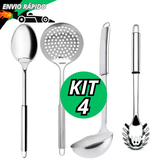 Jogo Utensílios 4 Peças 100% Aço Inox Com Concha Colher Arroz Escumadeira e Pegador Massas