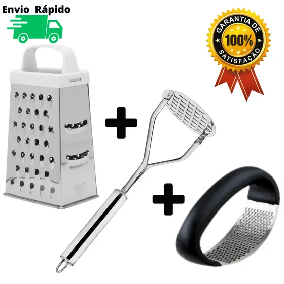 Amassadores + Ralador De Aço Inox 22 cm Amassador Alho Batatas Legumes Purê Feijão Utensílios De Aço Inox Ralador 22 cm De 4 Faces De Corte Para Ralar Fatiar Alimentos Cabo Plástico Fatiador Espremedor De Qualidade Resistente Casa Profissional Cozinha Res
