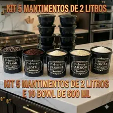 Jogo Mantimentos 5 Potes Arroz Feijão 2L + 10 Tigelas Bowl 600ml Preto - Oliplast