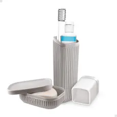 KIT VIAGEM BANHEIRO CINZA CLARO PORTA ESCOVA SABONETEIRA C/TAMPA HIGIENE  ESCOVA DENTES MULTIUSO