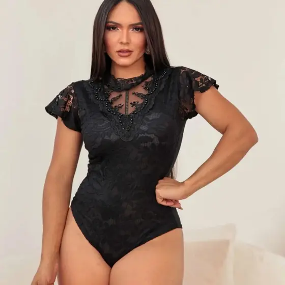 Body Feminino com Manguinha em Renda e Detalhes em Perola