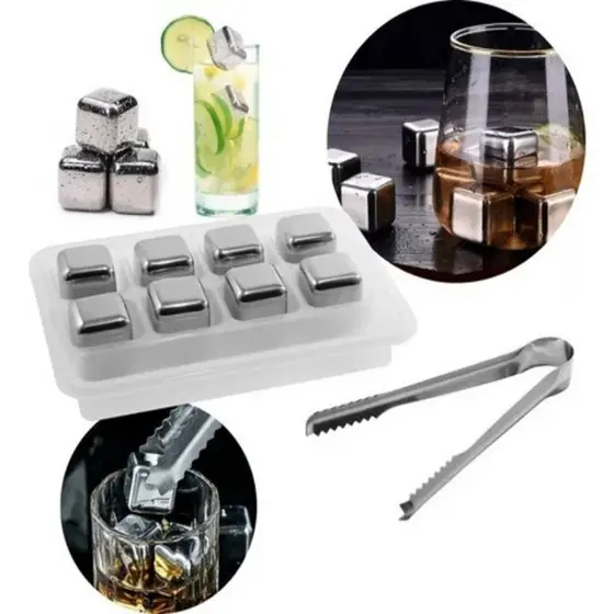 Cubos De Gelo Aço Inox 8 Peças Com Pegador Para Whisky E D