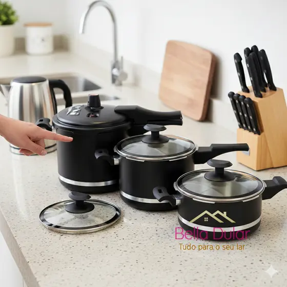 Kit com 3 Panela De Pressão Qatar 5 Litros Antiaderente Teflon Com Tampa Externa e Fechamento Externo