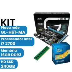 Kit PC 1155 Placa mãe GL-H61-MA + Processador Intel i7 2700 + Mem DDR3 16Gb 1600Mhz + HD Ssd 240GB
