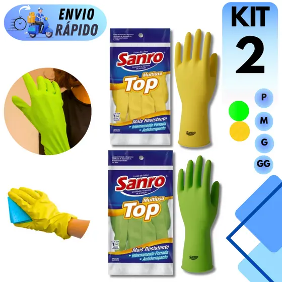 KIT 2 PARES DE LUVA DE LATEX MULTIUSO SANRO IMPERMEAVEL ANTIDERRAPANTE PARA LIMPEZA COZINHA JARDINAGEM MULTIUSO