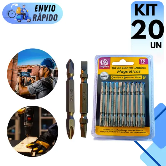 KIT 20 PONTAS MAGNETICAS PHILIPS FENDA PARA PARAFUSADEIRA 65mm BITS PONTA DUPLA