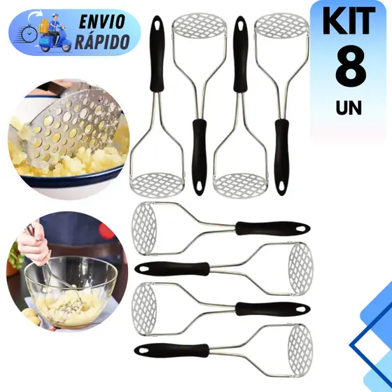 KIT 8 AMASSADOR DE BATATAS INOX ESPREMEDOR MANUAL FACIL MULTIUSO LEGUMES TOMATE MASSAS ORIGINAL