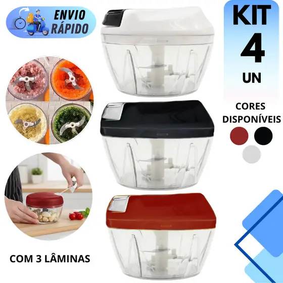 KIT 2 E 4 PROCESSADORES MINI PROFISSIONAL 500ML DE ALIMENTOS PREMIUM 3 LÂMINAS PRÁTICO SALADA ALHO CEBOLA