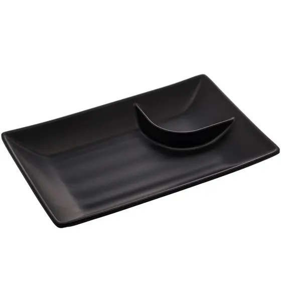 Prato para Sushi Lyor Travessa Retangular Pequena Petisqueira com Molheira Melamina Tóquio Preto