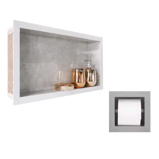 Kit Nicho de Porcelanato e Porta Papel Higiênico de Embutir Cinza