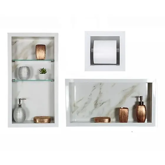 kit Nichos em Porcelanato + Nicho Vertical com Prateleira + papeleiro