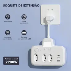 COIBEU Extensão Super Curta 3 Tomadas 2USB 1Type-C Carregador Rápido Universal