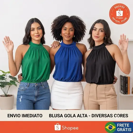 3 Blusas Gola Alta Feminina Blusê Social Elegante Sem Manga Leve Confortável Moda Premium Casual