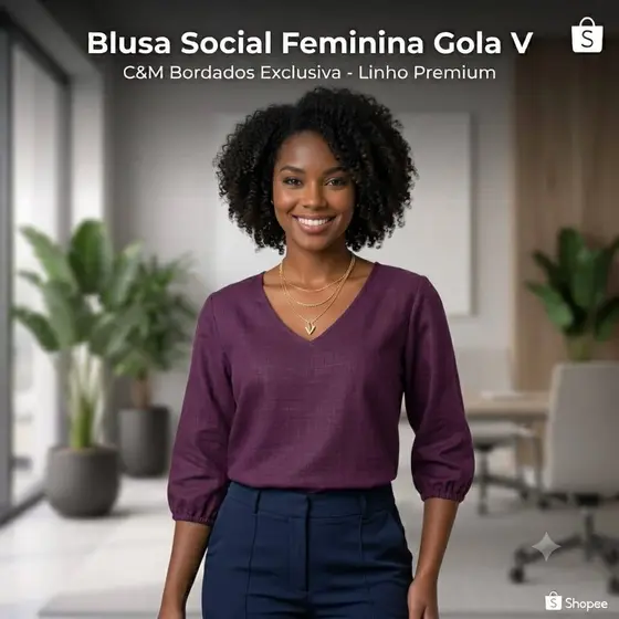 Blusa Manga 3/4 Detalhe Em V Tendência Moda Feminina Casual Trabalho Evangélica