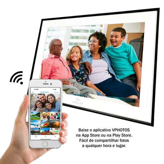 Porta-Retrato Digital WiFi 10.1" com Tela IPS Touch Mp3 Mp4 Som Video Rotação Automática Controle Remoto Por App Celular