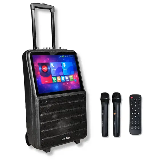 Caixa Torre De Som Karaokê Portátil Tela 15" 2 Microfones Bluetooth Wi-fi Tv Android 100W RMS