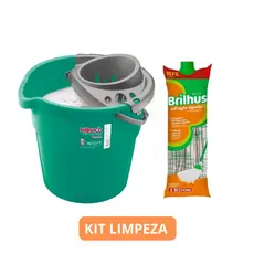 Kit Balde com Escorredor 9L + Refil Mop Esfregão Algodão Brilhus