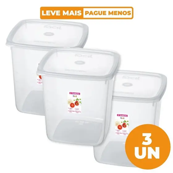 Kit 3 Potes Plásticos Quadrados Mantimentos Fácil Cristal 7L Sanremo