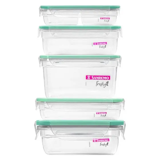 Kit 5 Potes Plásticos com Travas Hermético Verde Freshy Sanremo