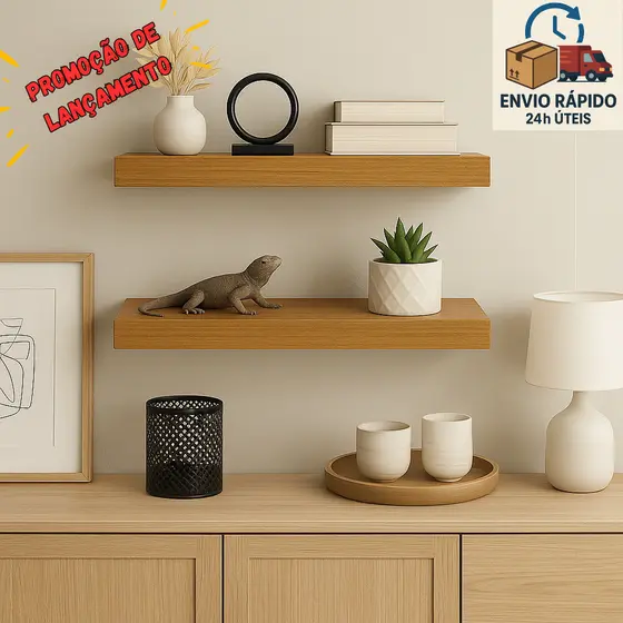 kit 2 Prateleira 60/50/40/30cm x14cm MDF Freijó 15mm - Com Suporte Invisível Decoração Quarto Sala Cozinha e outros