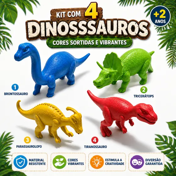 Kit 4 Mini Dinossauros de Plástico Jurássica Brinquedo Infantil Educativo Menino