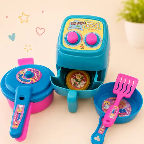 Kit Infantil Air Fryer Cafeteira Panelinhas E Espátula Para cozinha de Brinquedo