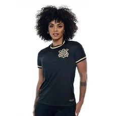 Camisa Corinthians Feminina All Black Gold Preta e Dourado Bordada Oficial Licenciada Baby Look Timão