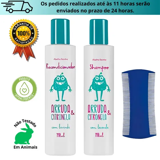 Shampoo Mata piolhos e lêndeas Arruda e Citronela Abelha Rainha Kit com mais Recondicionador e Pente