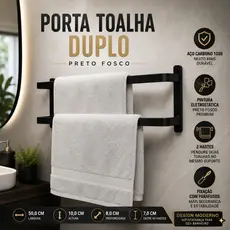 Suporte Porta Toalha Duplo 50cm Preto Fosco Antiferrugem Banheiro Parede Metal Resistente Durável Design Moderno