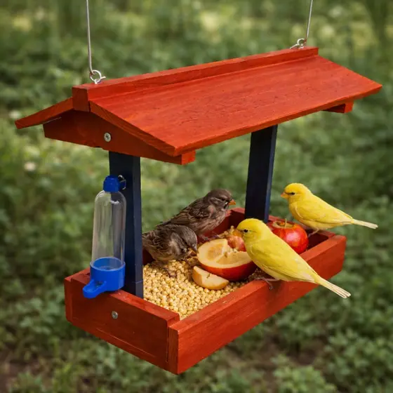 Casinha Comedouro para Pássaros Livres Tratador Azul em Madeira Porta Ração Aves e Habitat Natural