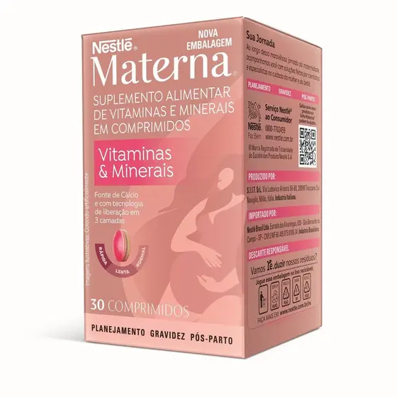 Vitamina Nestlé Materna Para Gestantes 30 Comprimidos Rico em Acido fólico